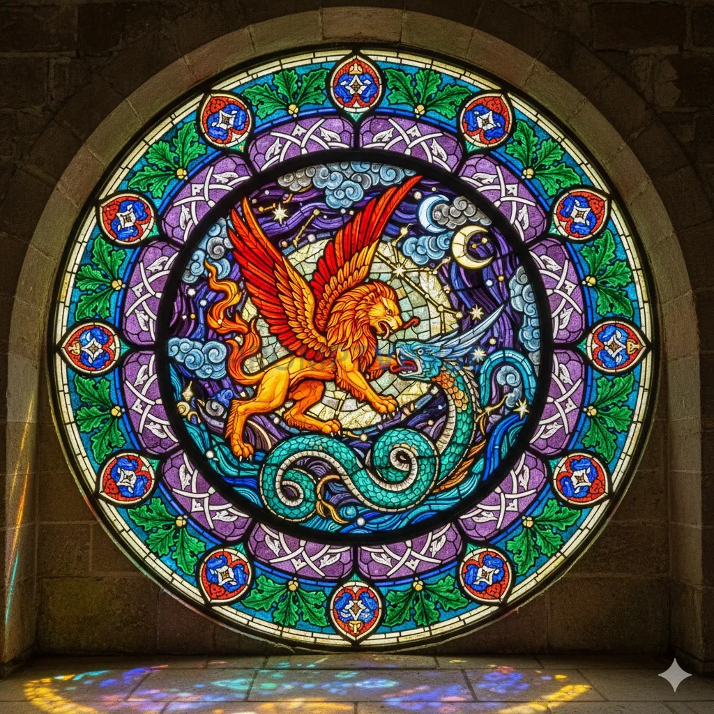 A beautiful, intricate stained glass window design, with vibrant colors and bold, black leading, depicting a mythical scene. - PromptVerse
