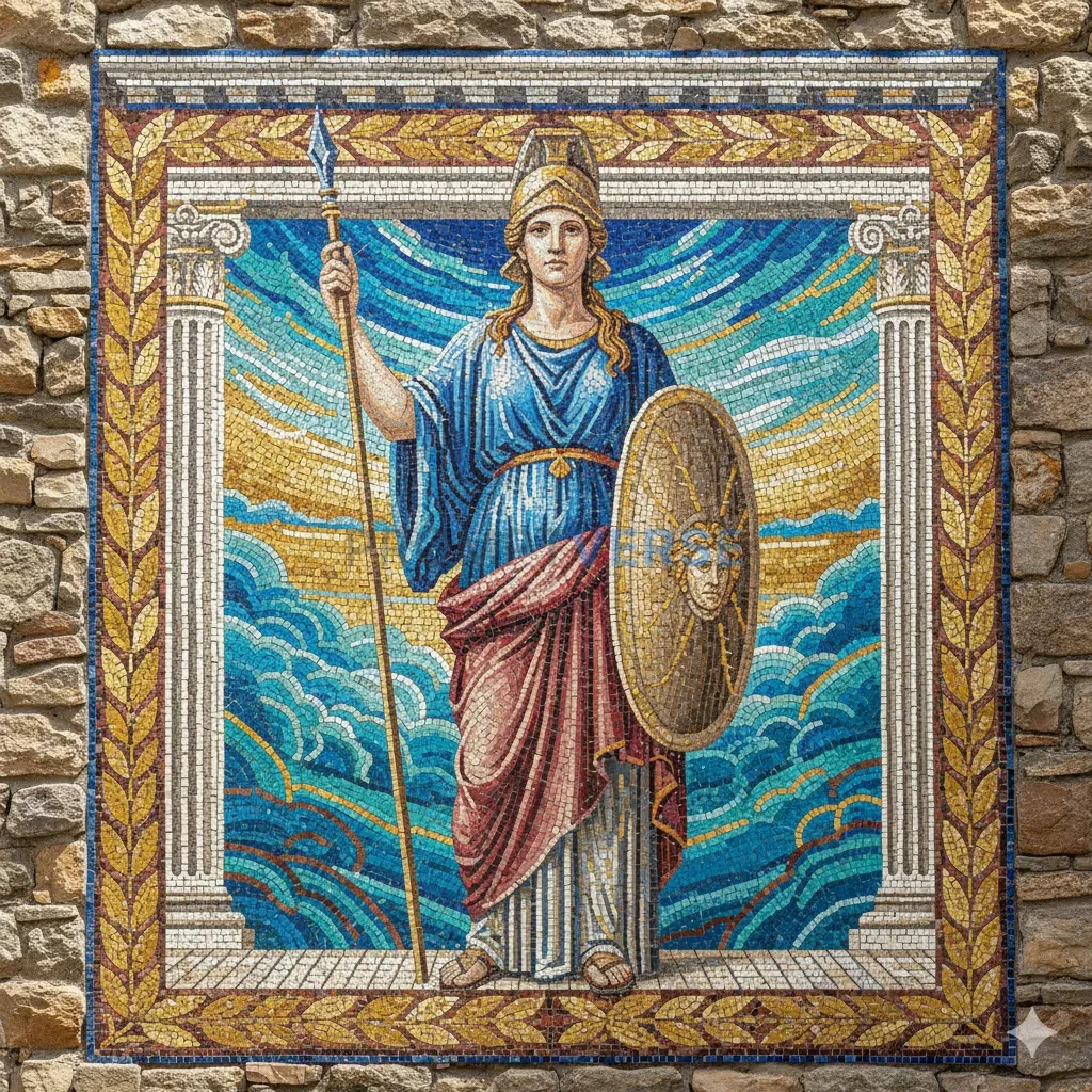 A mosaic made of thousands of tiny, colored tiles, forming a beautiful, pixelated image of a Roman goddess. - PromptVerse