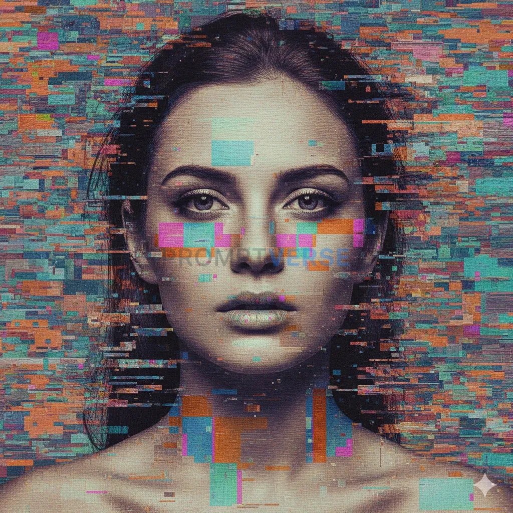 Glitch art, a portrait that has been digitally corrupted, with streaks of color, pixelation, and data-bending artifacts creati - PromptVerse