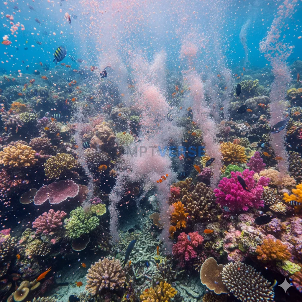 The chaotic, vibrant, and overwhelming beauty of a coral reef during a mass spawning event. - PromptVerse