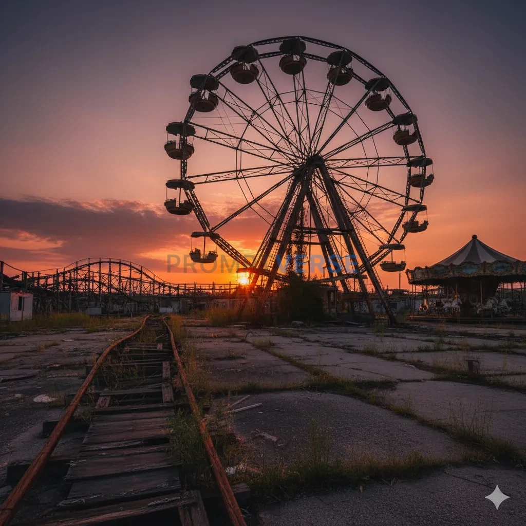 The quiet, melancholic beauty of an abandoned amusement park, with a rusted Ferris wheel silhouetted against a setting sun. - PromptVerse