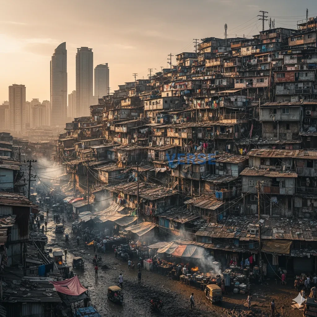 The chaotic, sprawling slums of a massive megacity, a vibrant but desperate landscape of makeshift homes. - PromptVerse