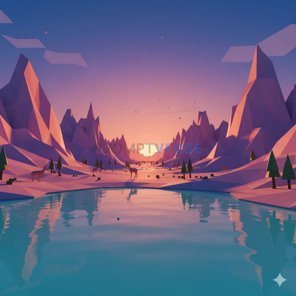 A low-poly 3D render, a landscape with a stylized, geometric look, made of simple, faceted polygons. - PromptVerse
