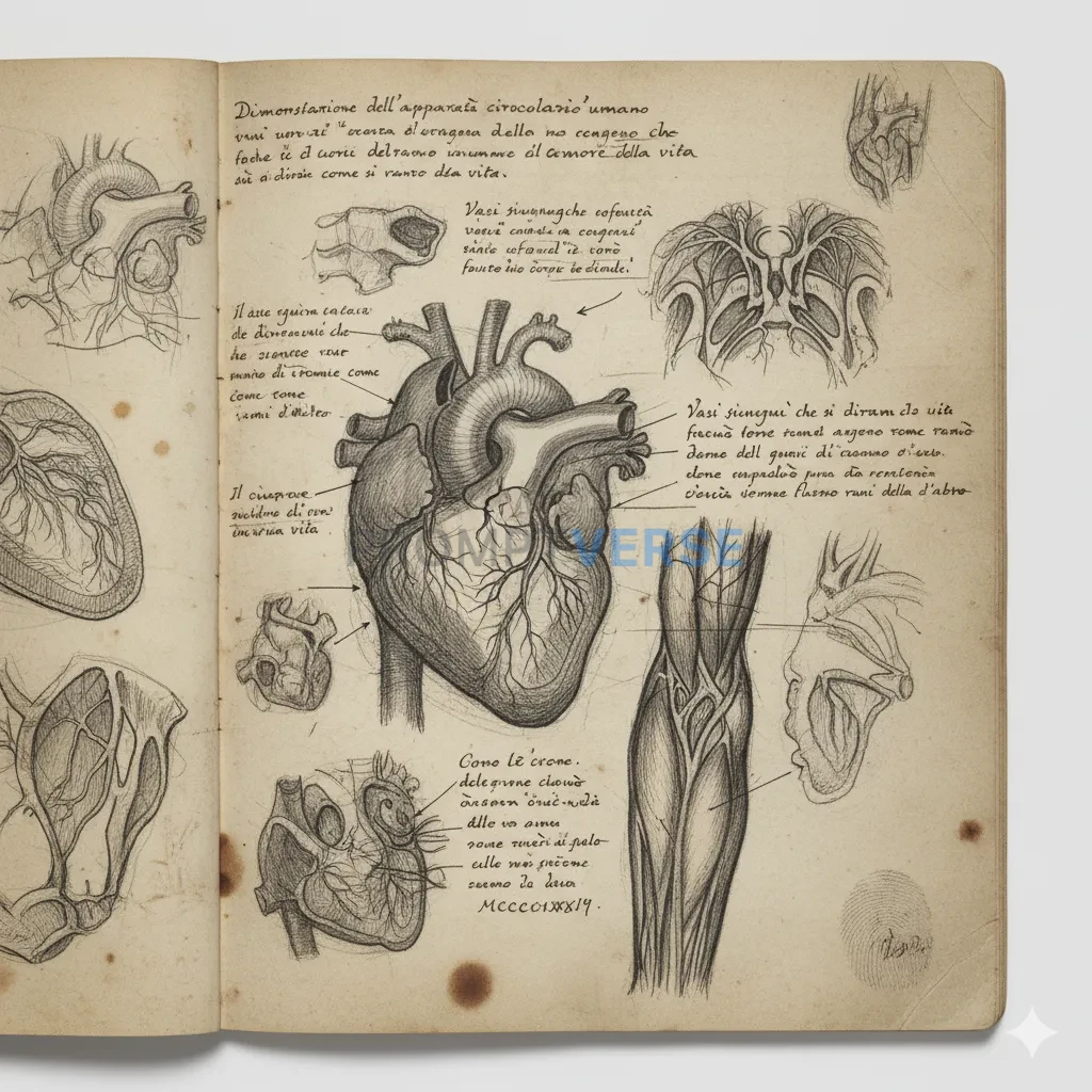 An anatomical illustration in the style of Leonardo da Vinci's notebooks, with detailed sketches and handwritten notes. - PromptVerse