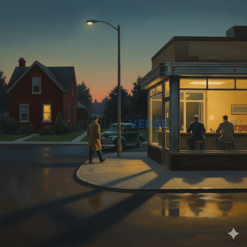 A photorealistic painting of a mundane, suburban scene, with a sense of quiet unease and mystery, in the style of Edward Hoppe - PromptVerse