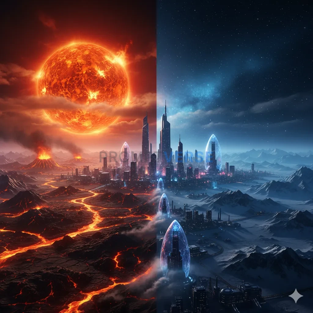 The surface of a tidally-locked planet, one side a scorched, molten rock landscape under a giant sun, the other a frozen waste - PromptVerse