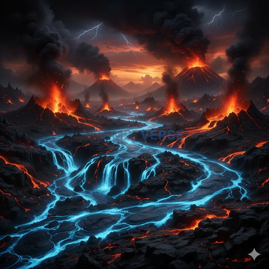 A volcanic world with a sky of black and orange, rivers of blue, sulfuric lava, and geysers that spew molten rock. - PromptVerse