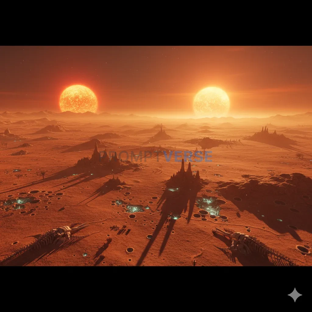 A desert planet with two suns, causing strange, overlapping shadows and incredibly high temperatures, with life burrowing unde - PromptVerse