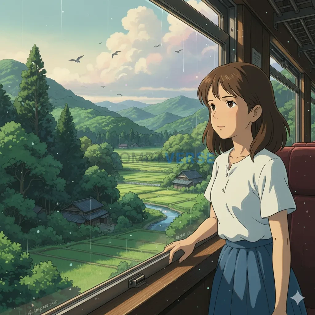 A beautiful, serene anime scene in the style of Studio Ghibli, a young girl looking out the window of a train as it passes thr - PromptVerse