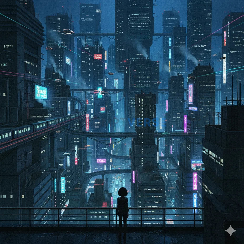 A dark, cyberpunk anime cityscape at night, with detailed, gritty backgrounds and a melancholic, reflective mood, style of Gho - PromptVerse