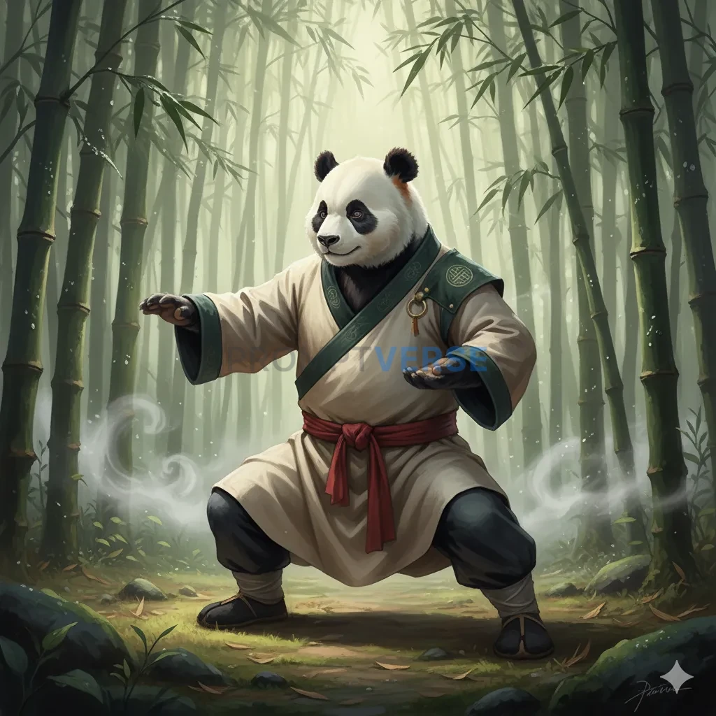 A serene, panda monk, practicing martial arts in a peaceful, misty bamboo forest. - PromptVerse
