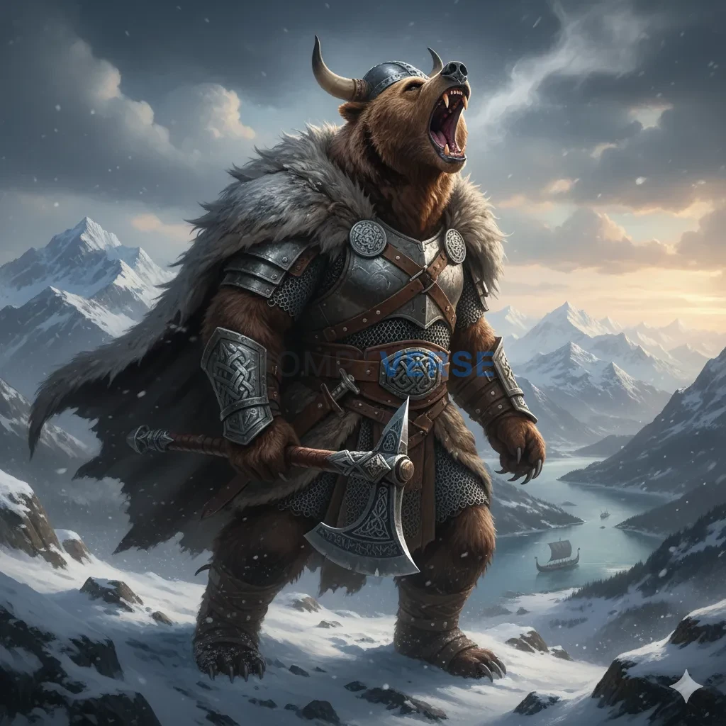 A powerful, bear chieftain in Viking-style furs and armor, letting out a great roar on a snowy mountainside. - PromptVerse
