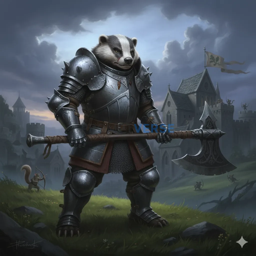 A tough, badger warrior in full, medieval-style plate armor, wielding a mighty war axe, from a 'Redwall' style fantasy. - PromptVerse