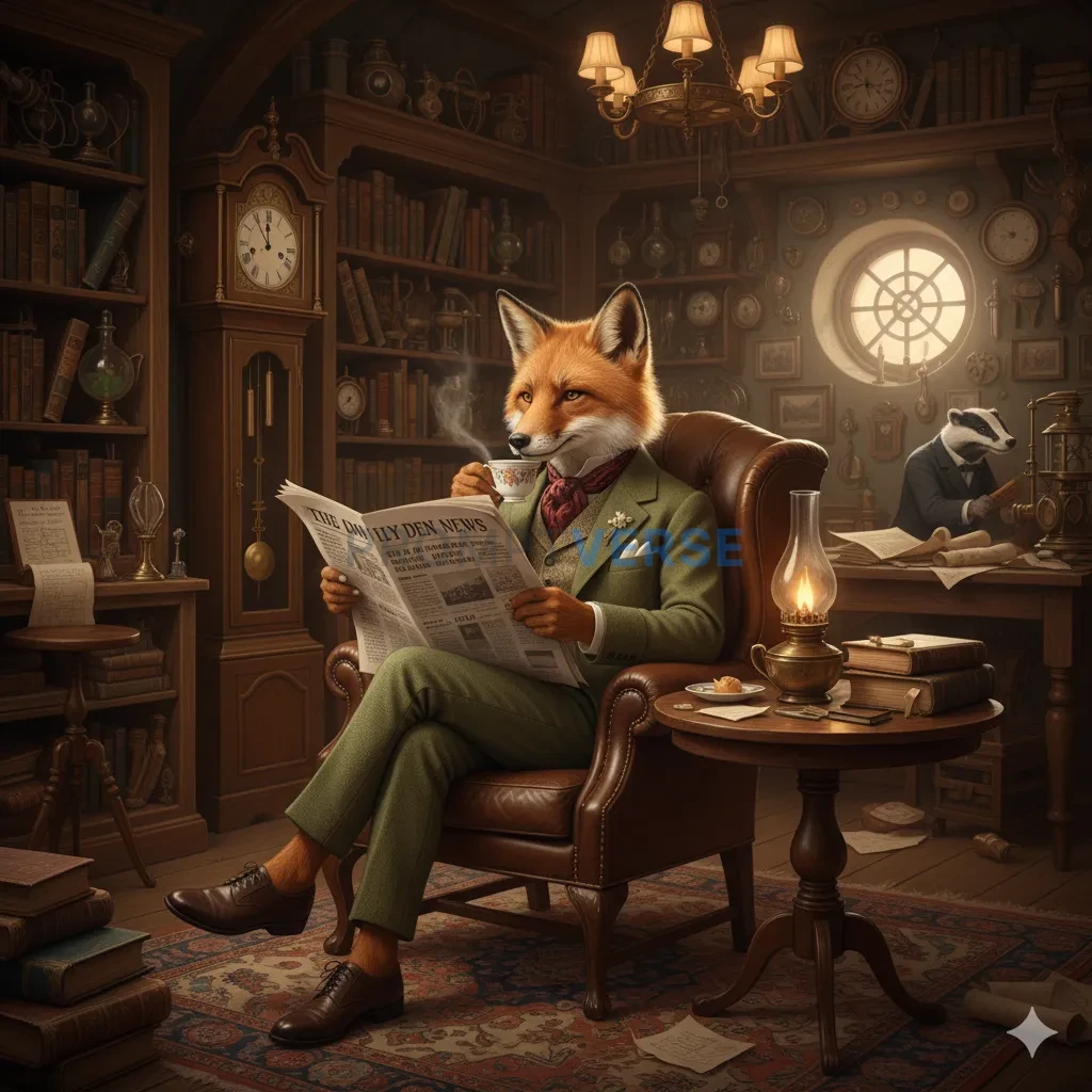 A sophisticated fox gentleman in a tweed suit, reading a newspaper and drinking tea in a cozy, cluttered burrow-home. - PromptVerse