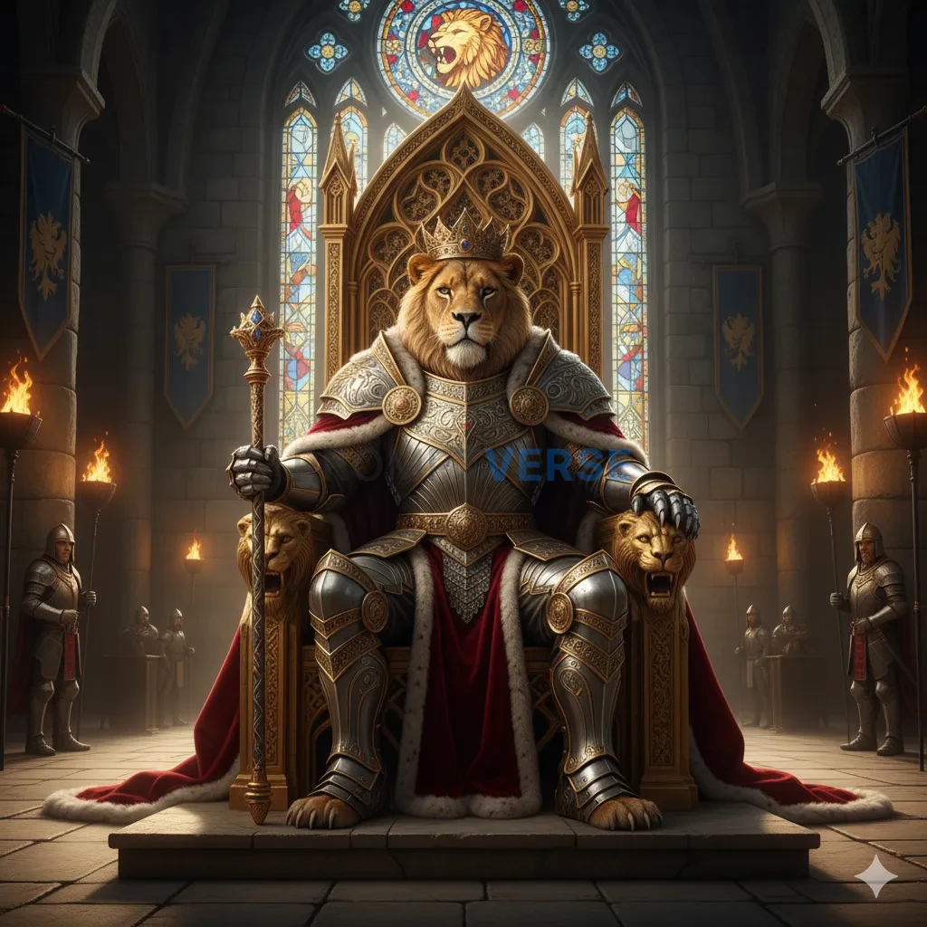 A lion king dressed in royal armor, sitting proudly on a golden throne in a medieval fantasy castle. - PromptVerse