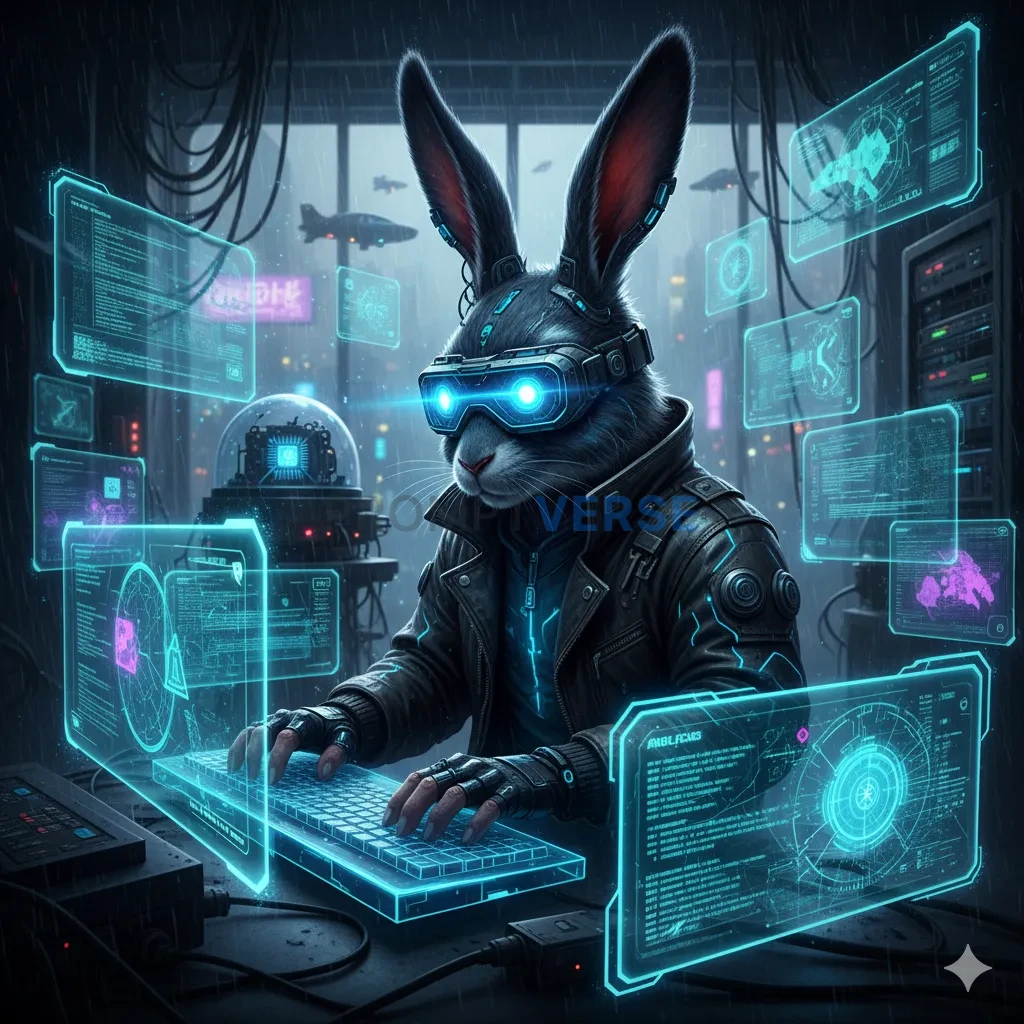 A cyberpunk rabbit hacker with glowing goggles, surrounded by holographic screens in a futuristic lab. - PromptVerse