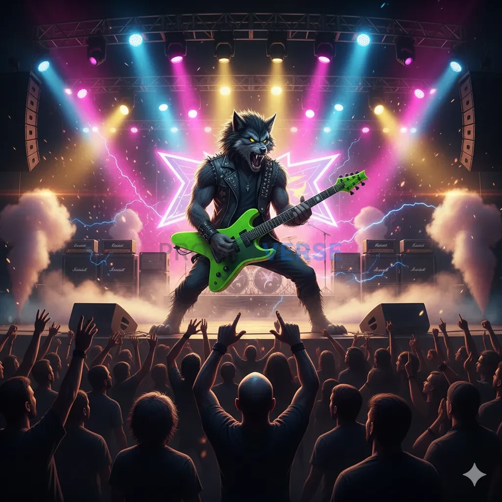 A wolf rock guitarist performing on stage under bright lights, with a cheering crowd and electric energy. - PromptVerse