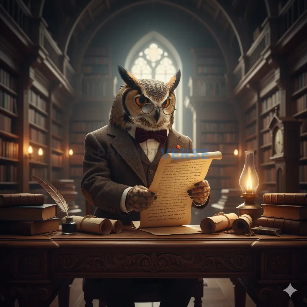 A scholarly owl wearing glasses and a tweed suit, reading ancient scrolls in an old library. - PromptVerse