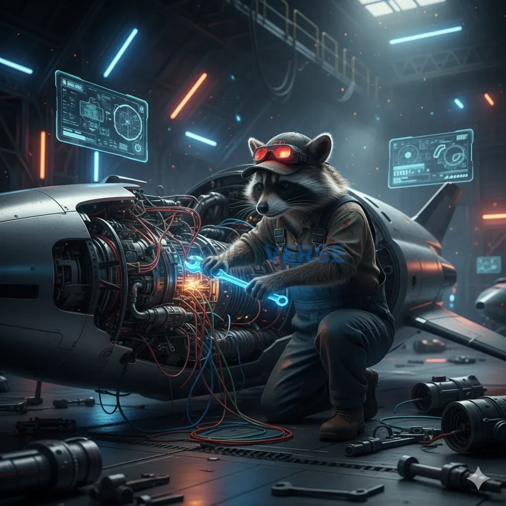 A raccoon mechanic with oil-stained overalls fixing a spaceship in a sci-fi hangar. - PromptVerse