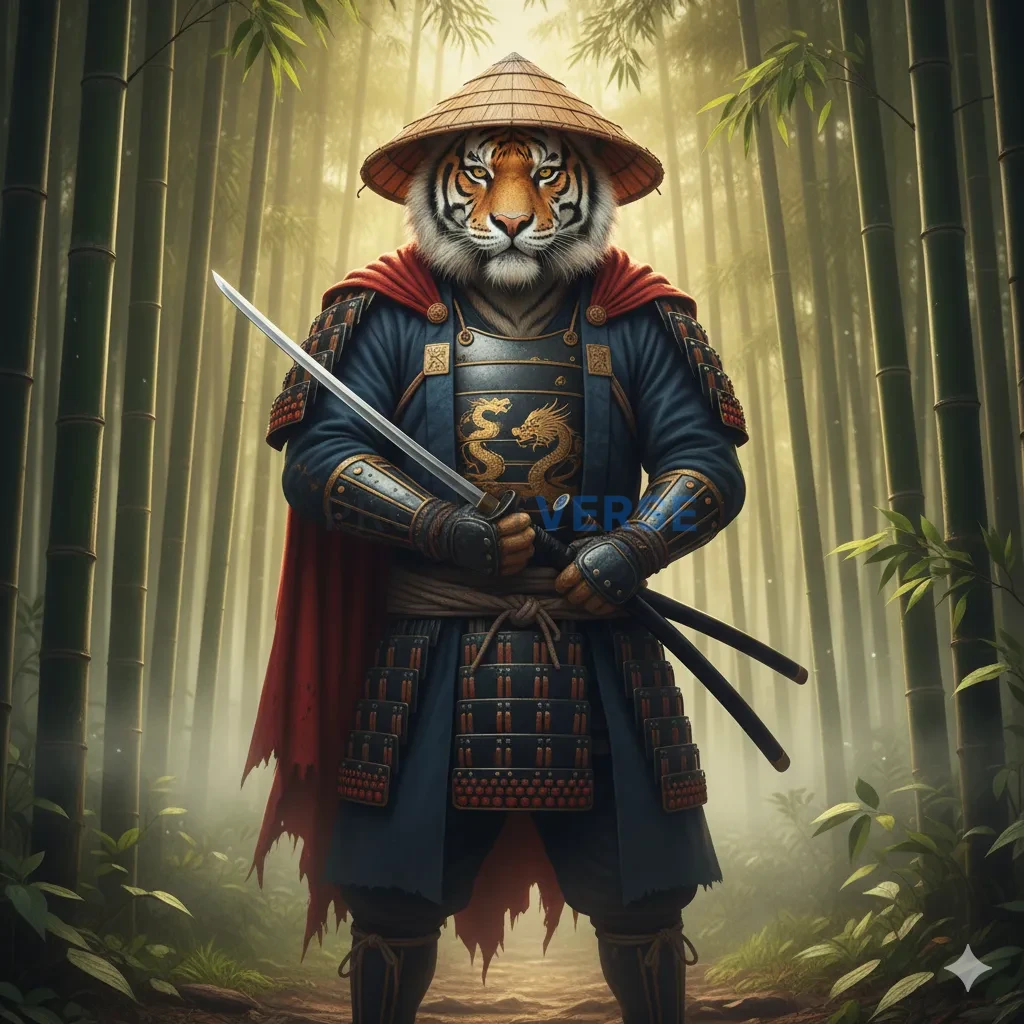 A samurai tiger standing in a bamboo forest at dawn, holding a katana with calm determination. - PromptVerse