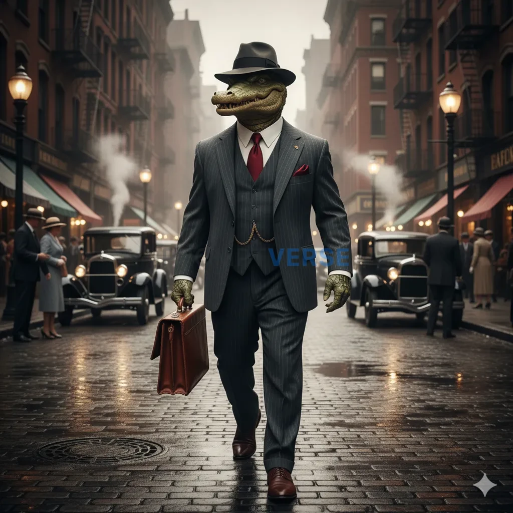 A dapper crocodile banker in a pinstripe suit, carrying a briefcase through a bustling 1920s city. - PromptVerse