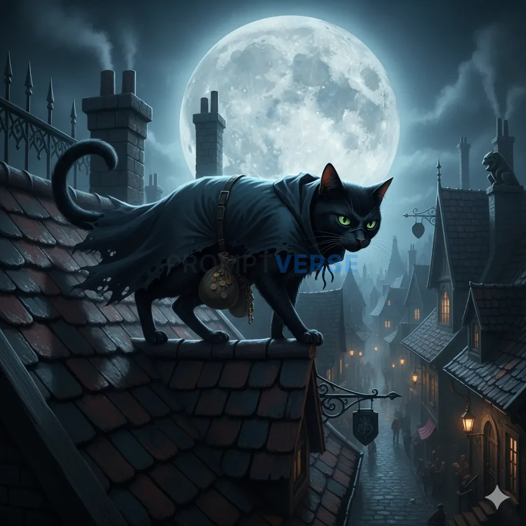 A mischievous cat thief wearing a mask and dark cloak, sneaking across rooftops under the moonlight. - PromptVerse