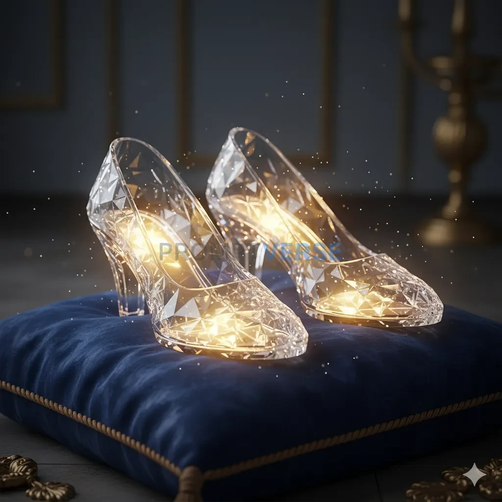 A pair of magical, sparkling glass slippers, sitting on a velvet cushion, glowing with an inner light. - PromptVerse