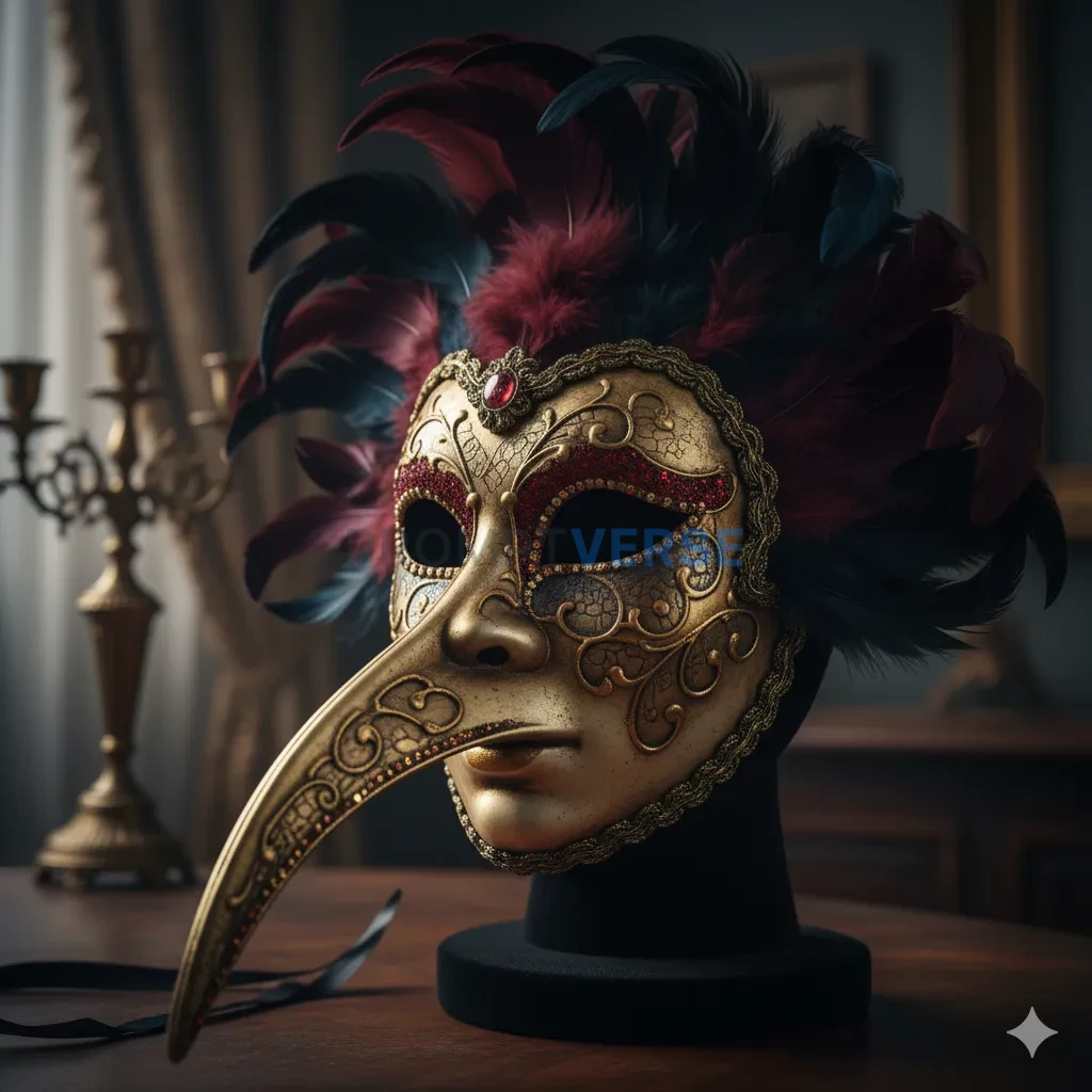 A mysterious, Venetian masquerade mask, intricately decorated with feathers, gold leaf, and a long, beak-like nose. - PromptVerse