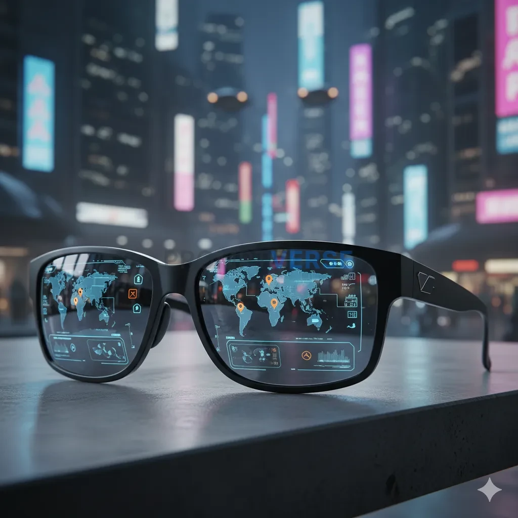 A pair of futuristic, augmented reality sunglasses, with data and icons subtly reflected on their mirrored lenses. - PromptVerse