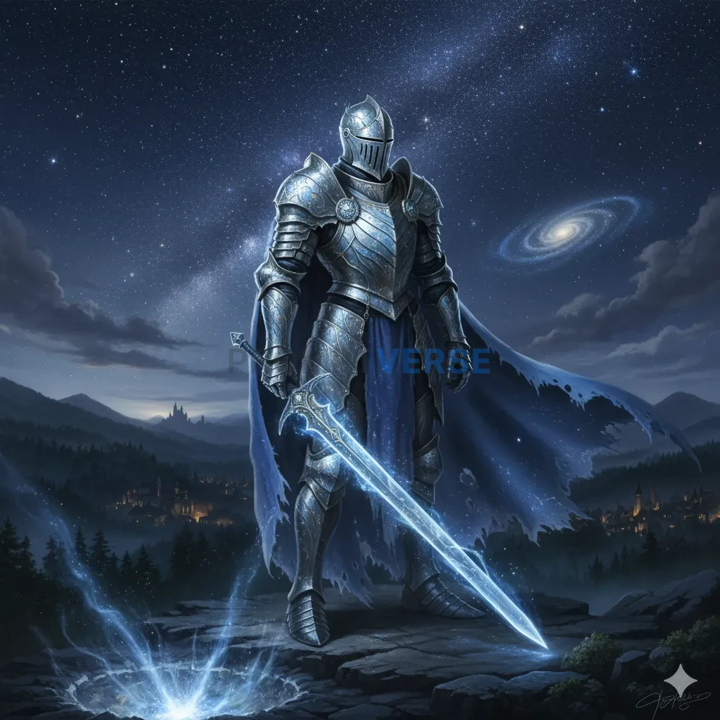 A knight whose armor is forged from a fallen star, glowing with a soft, celestial light. - PromptVerse