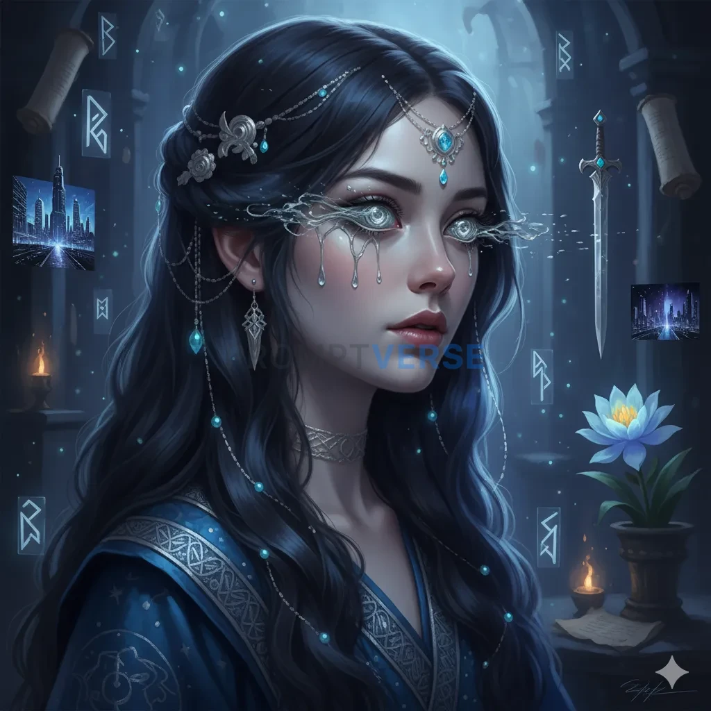 A young oracle whose eyes are pools of liquid silver, reflecting glimpses of the future. - PromptVerse