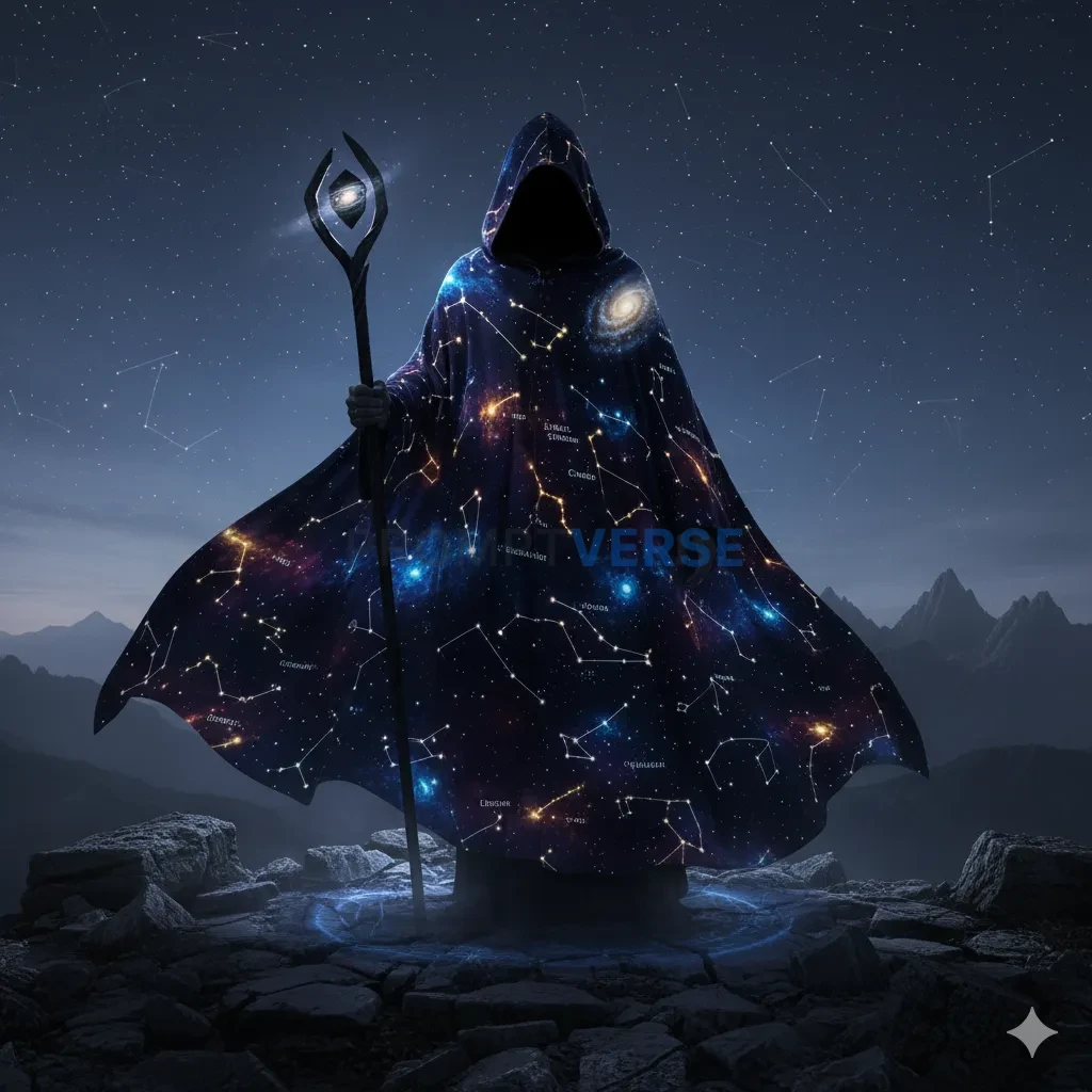 A wandering mage whose cloak is a living map of the stars, the constellations slowly shifting across the fabric. - PromptVerse