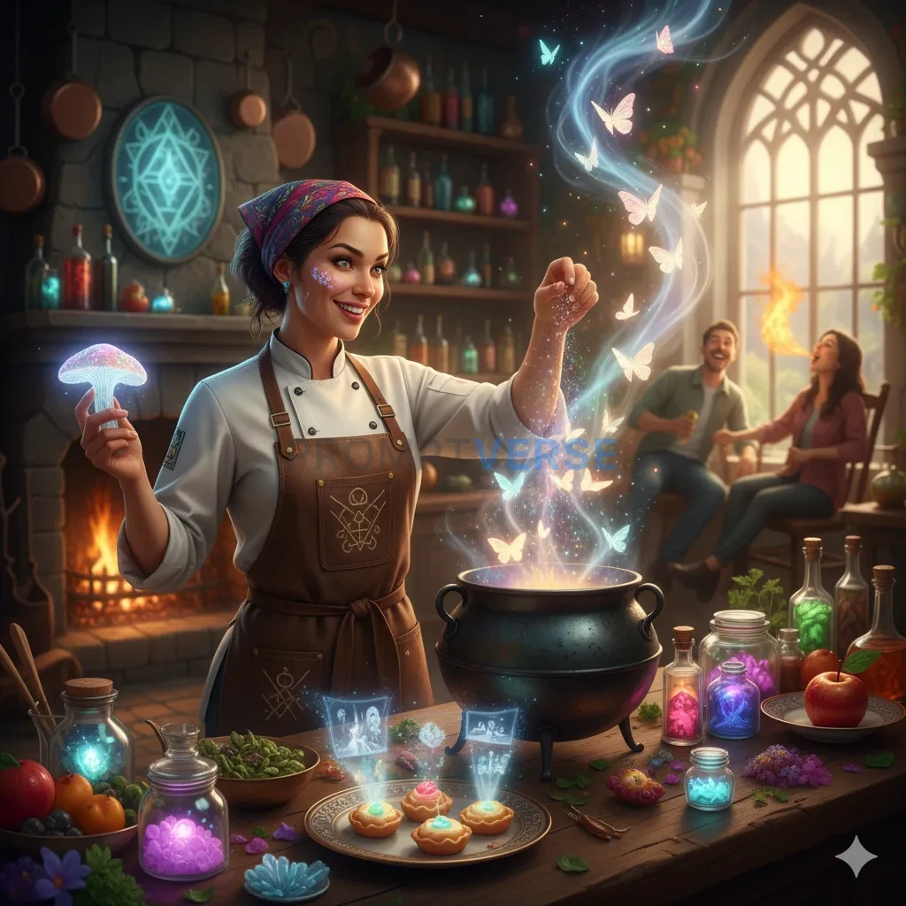 A chef who cooks with magical ingredients, her dishes causing eaters to float, breathe fire, or remember forgotten memories. - PromptVerse