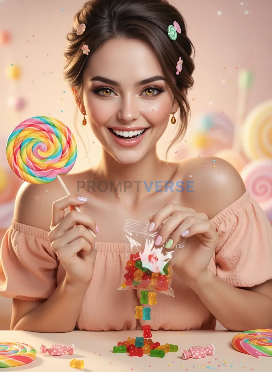 Playful woman in peach outfit holding candy props, sweet energy concept, high-quality studio photo. - PromptVerse