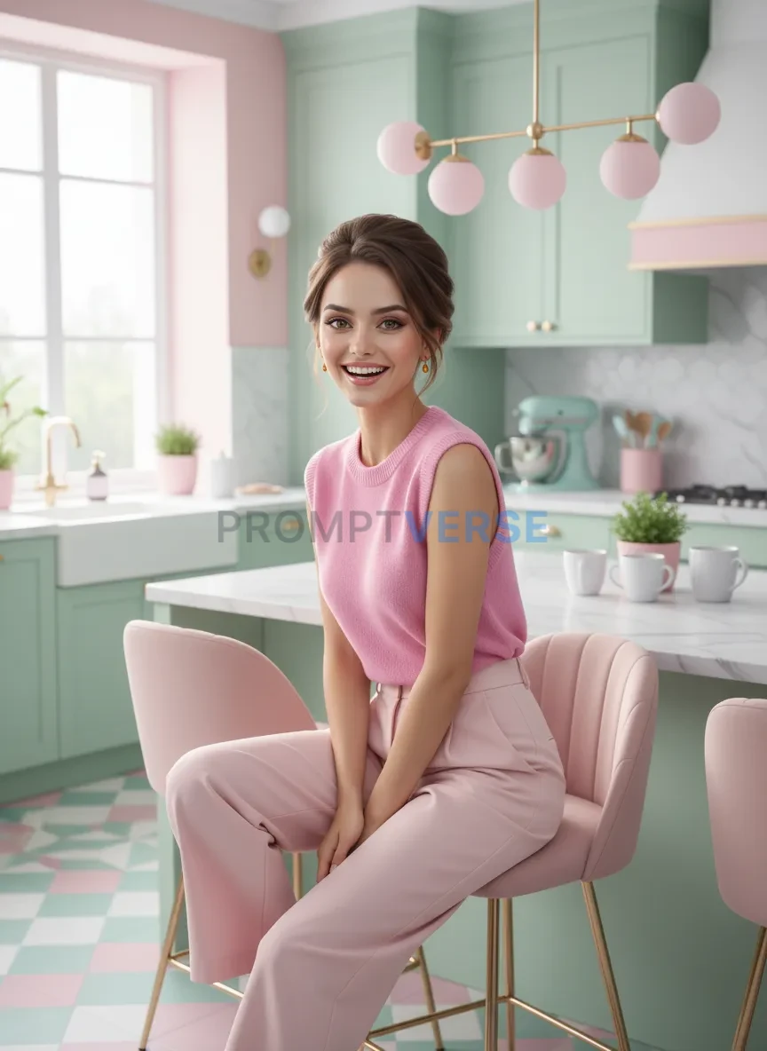 Woman sitting in pink kitchen interior, smiling, vibrant pastel tones, modern fashion look. - PromptVerse