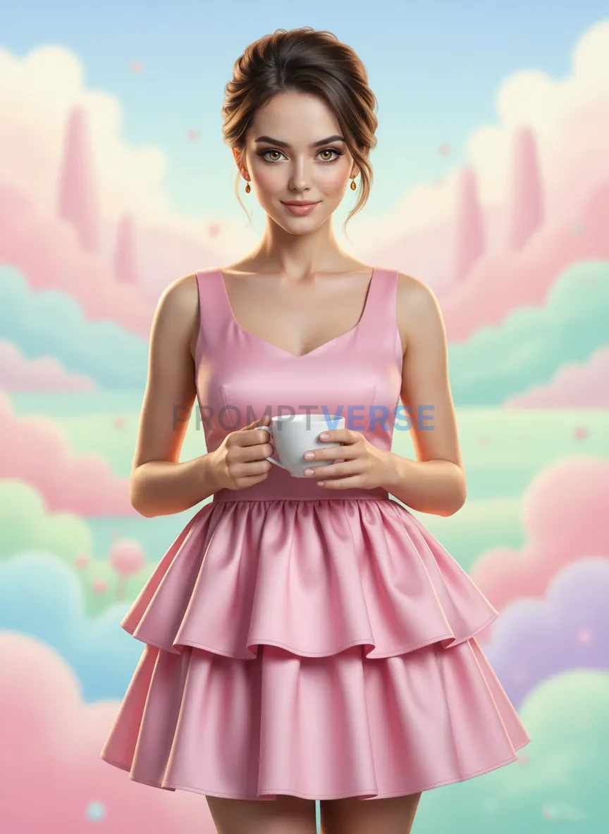 Cute girl wearing pink mini dress holding a coffee cup, pastel background, bright cinematic light. - PromptVerse
