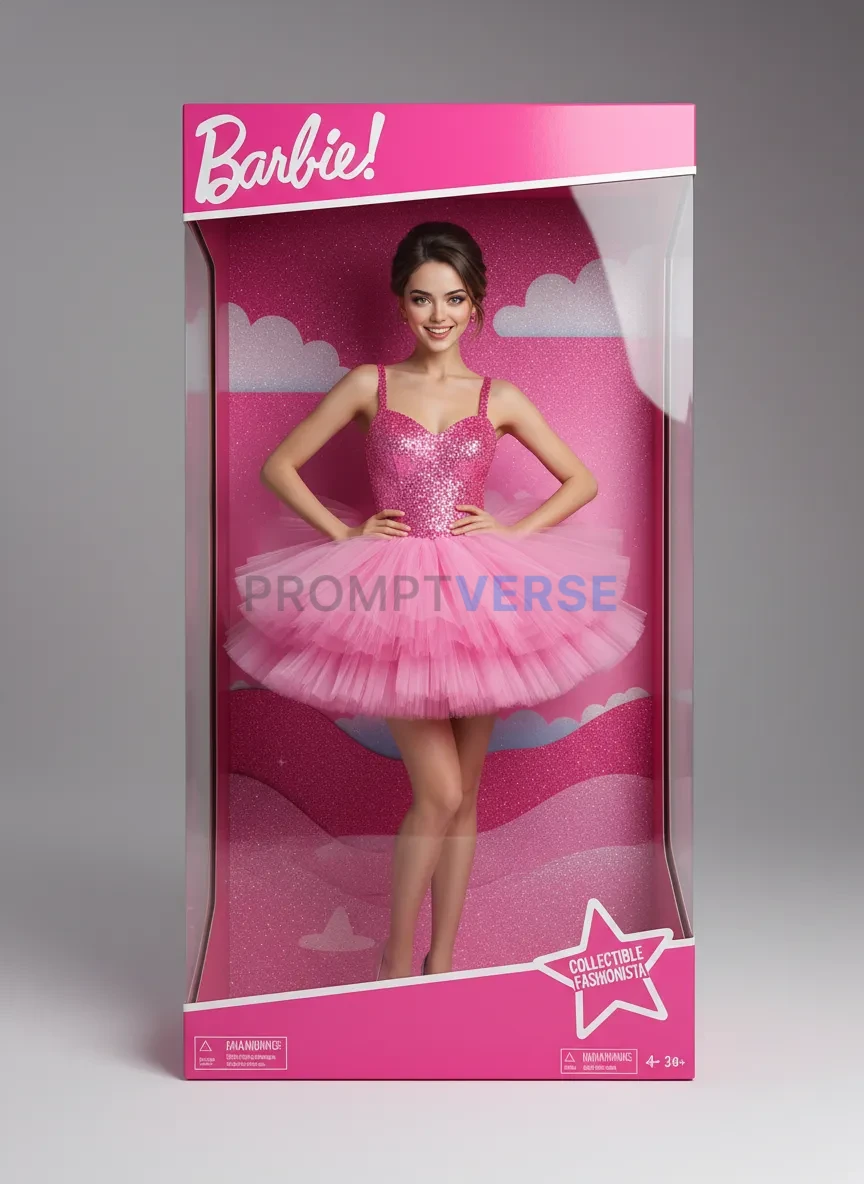 Woman dressed in pink tutu dress posing in a Barbie-style box, playful lighting, studio background. - PromptVerse