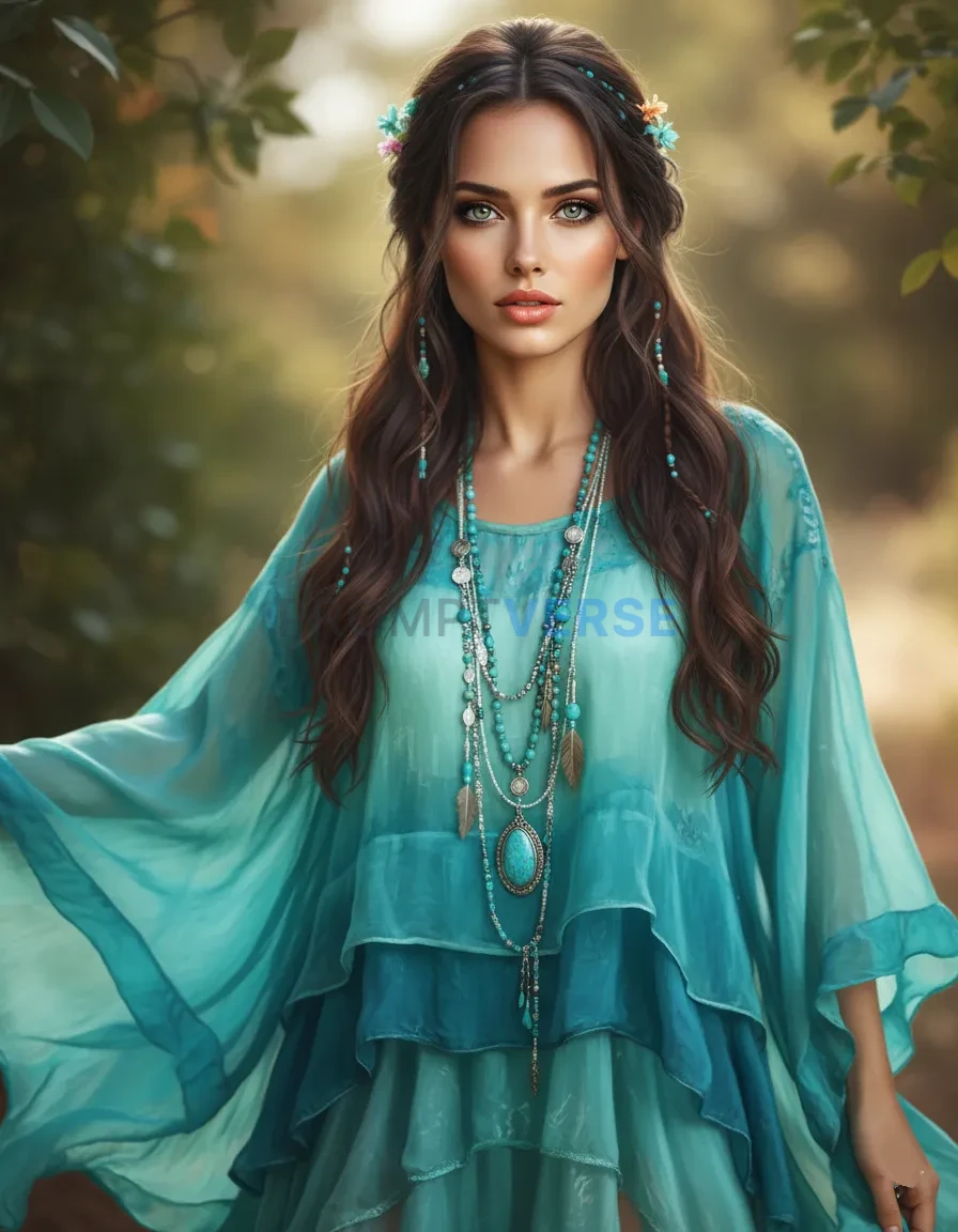 artistic portrait of free-spirited woman in a turquoise flowing outfit, boho jewelry, natural daylight. - PromptVerse