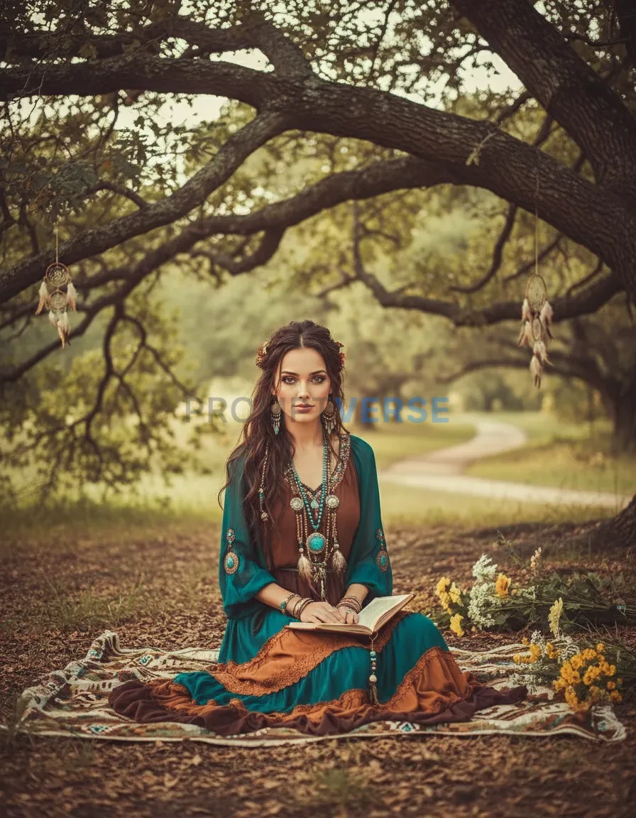 bohemian-style woman sitting under a tree, soft bokeh background, vintage tone. - PromptVerse