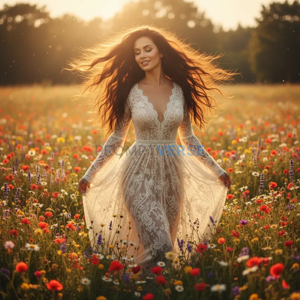 bohemian woman with windswept hair wearing a lace dress, surrounded by wildflowers, cinematic sunlight. - PromptVerse
