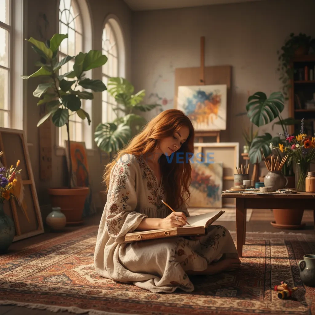 A woman with long, flowing hair and a loose, embroidered linen dress, sitting cross-legged on a patterned rug in a sunlit art  - PromptVerse