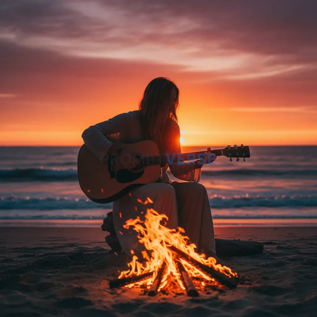 Candid shot of a free-spirited woman playing an acoustic guitar by a bonfire on a beach at sunset. Her silhouette is framed by - PromptVerse