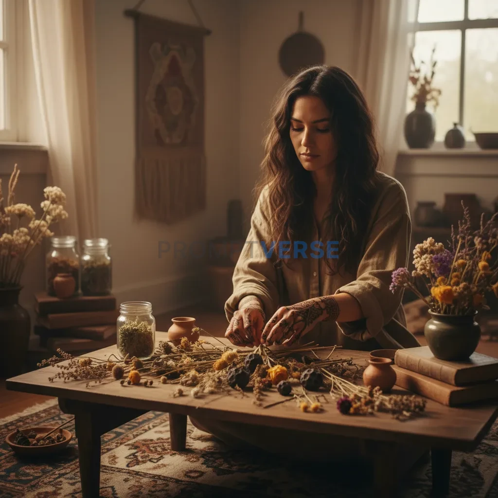 A woman with intricate henna tattoos on her hands, carefully arranging dried flowers and herbs in a cozy, bohemian-decorated r - PromptVerse