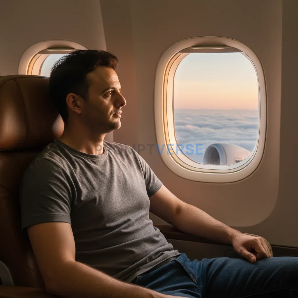 Casual man sitting by an airplane window, gazing outside, luxury travel mood, soft morning light. - PromptVerse