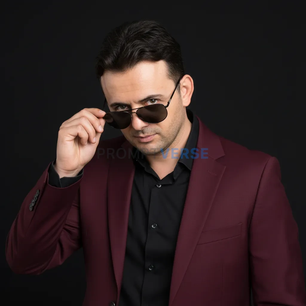Man adjusting his sunglasses while wearing a maroon blazer, confident attitude, professional lighting setup. - PromptVerse