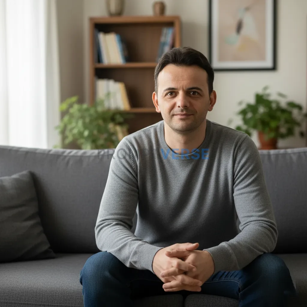 Casual man wearing a grey sweater and jeans, sitting on a couch in a cozy living room, natural light portrait. - PromptVerse