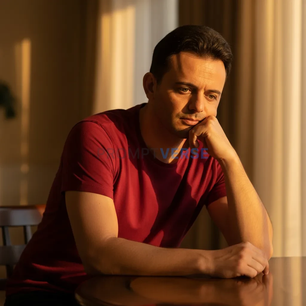 Young man in a red shirt leaning on a table, thoughtful expression, golden hour tone, editorial photography. - PromptVerse