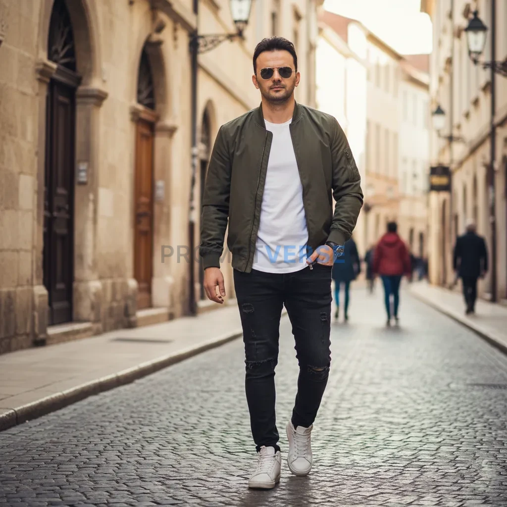 A man walking in a historical city street wearing stylish casual clothes, confident pose, natural daylight, cinematic tone, mo - PromptVerse