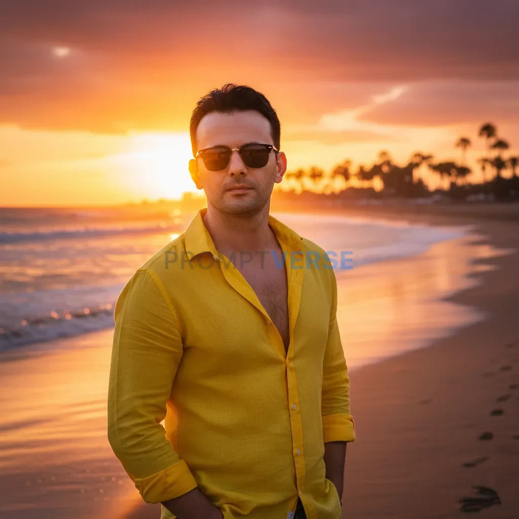 Stylish young man wearing a yellow shirt, open buttons, standing near a beach sunset, sunglasses on, warm tones, golden hour l - PromptVerse