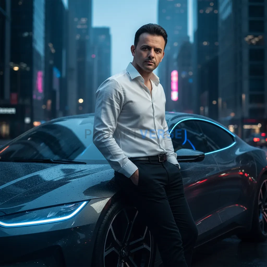 Realistic portrait of a stylish young man leaning on a futuristic electric car, wearing a white shirt and black pants, cinemat - PromptVerse